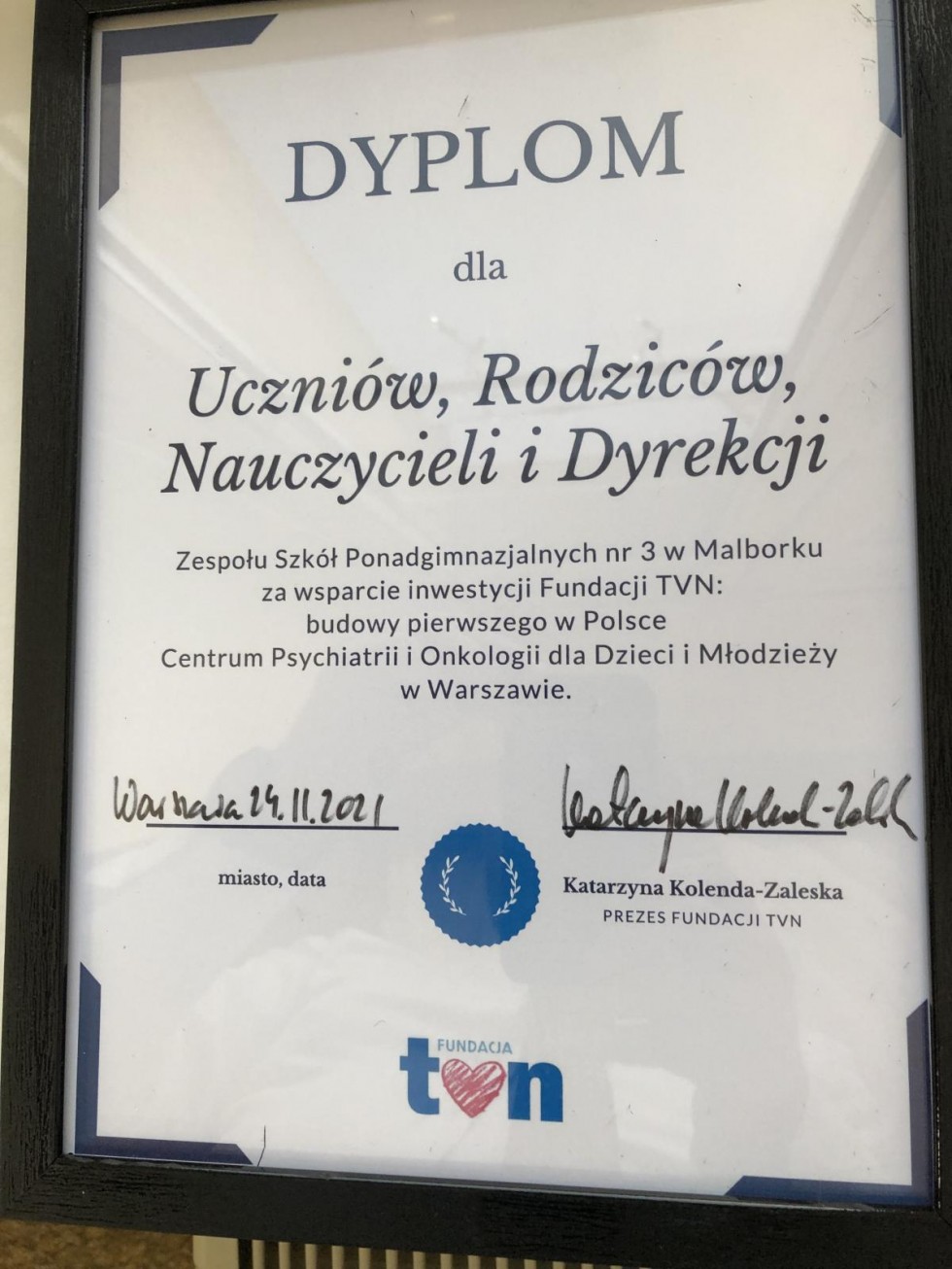 Malbork. Fundacja TVN podziękowała społeczności szkolnej ZSP3.