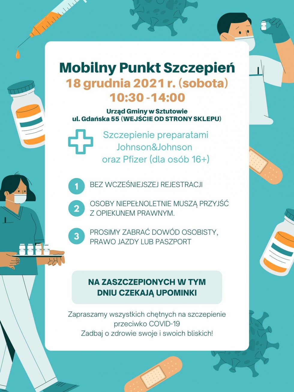Sztutowo. W sobotę przyjdź i zaszczep się przeciwko COVID-19 w Mobilnym Punkcie Szczepień.