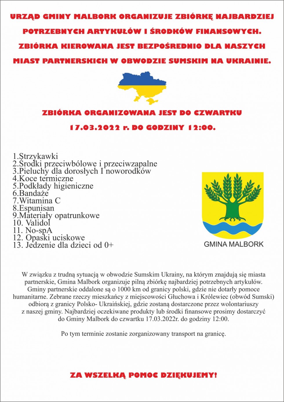 Gmina Malbork. Pilna zbiórka na rzecz mieszkańców Ukrainy.