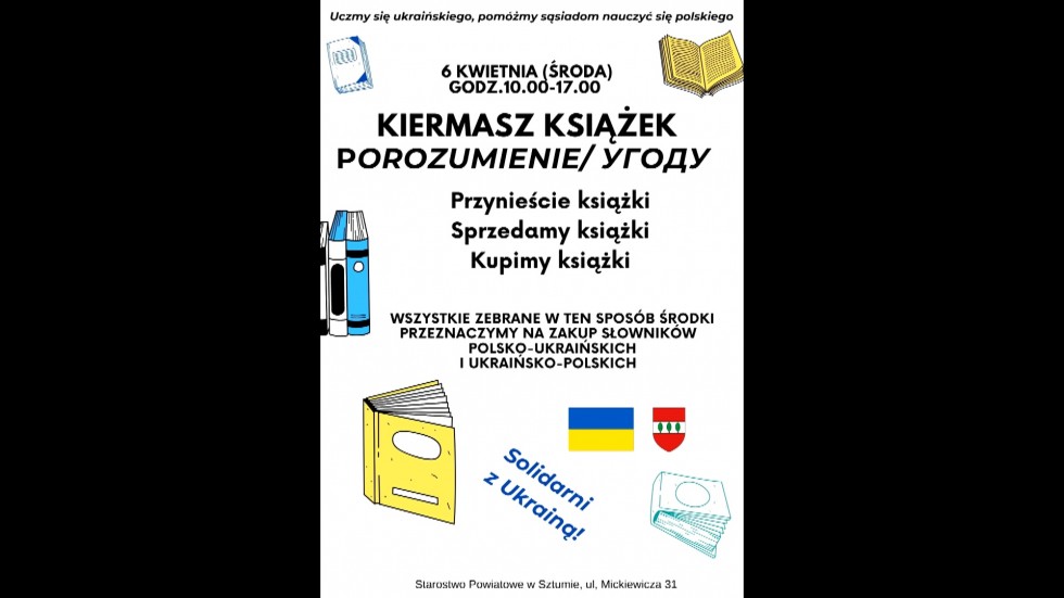 Sztum. Mieszkańcy pomagają uchodźcom z Ukrainy – społeczny kiermasz książek i kolorowe bratki.