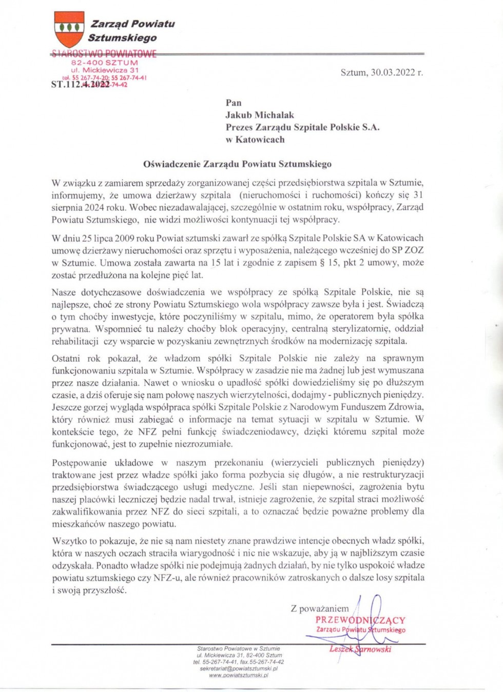 Sztum. Oświadczenie Zarządu Powiatu w sprawie szpitala.