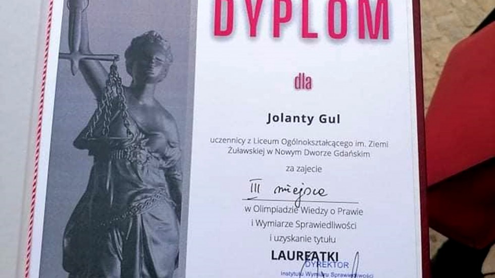 Nowy Dwór Gdański. Jola Gul laureatką Ogólnopolskiej Olimpiady Wiedzy o Prawie i Wymiarze Sprawiedliwości.