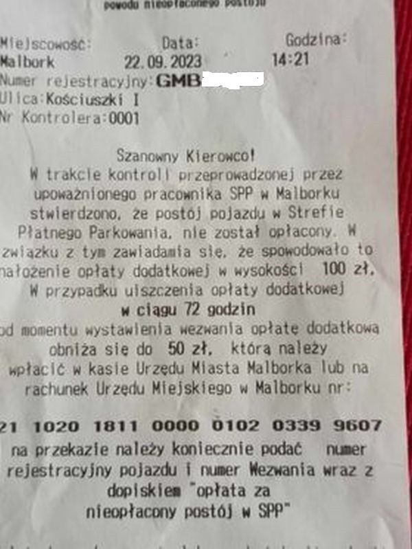 Malbork. Był bilet za szybą czy go nie było?