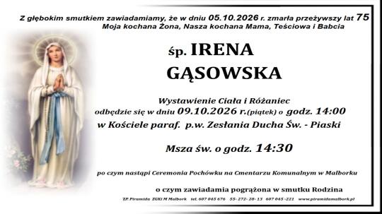 Zmarła Irena Gąsowska. Miała 75 lat